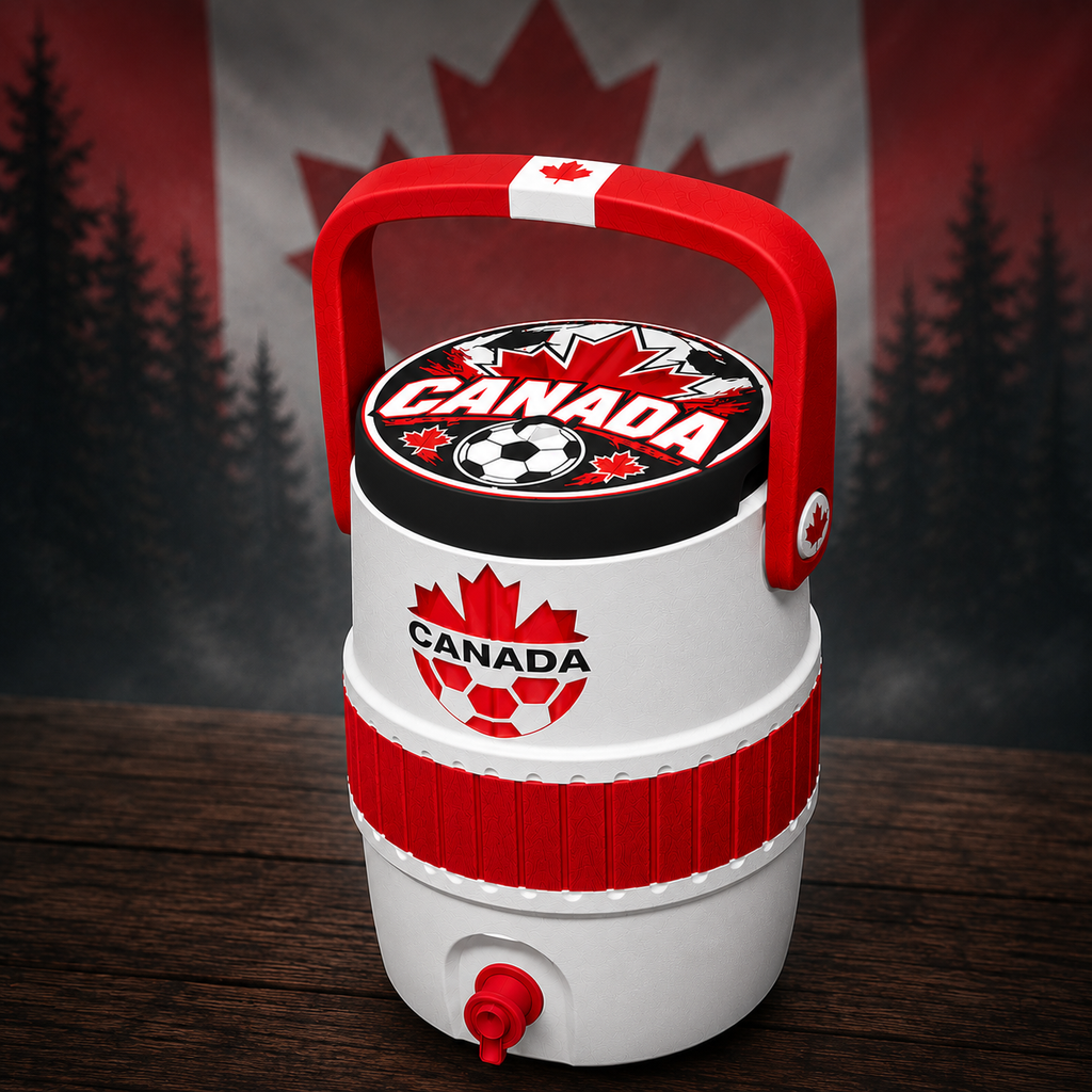 Canada soccer 3D printed coozie with maple leaf wrap on dark wood