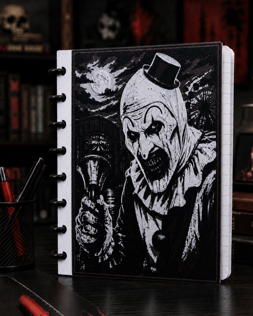 Art the Clown horror notebook kit with black and white cover design