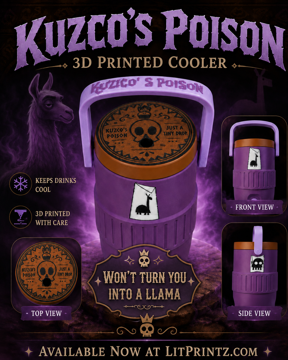 Kuzco's Poison 3D Printed Cooler - purple cooler with skull lid and llama design