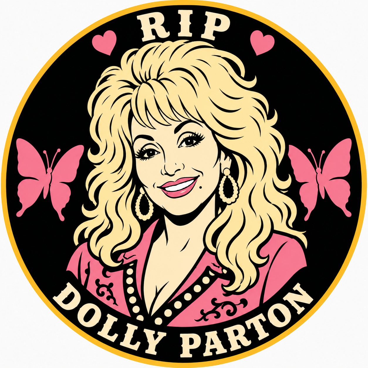 RIP Dolly Parton circular lid emblem with portrait, butterflies, and hearts