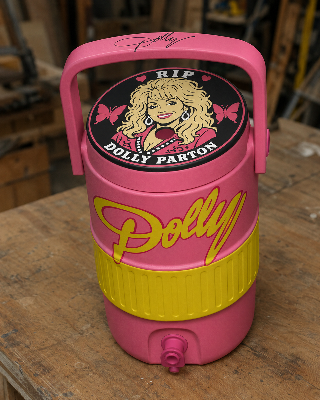 Pink 3D-printed Dolly Parton tribute coozie with RIP Dolly Parton lid graphic on a wooden workbench