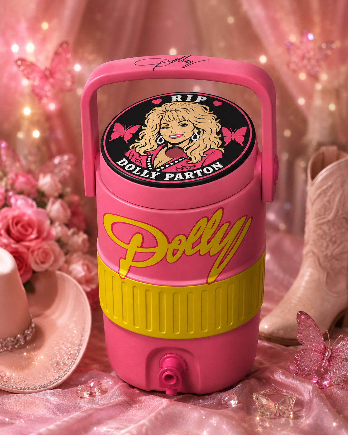 Pink Dolly Parton tribute coozie staged with roses, cowboy hat, and butterflies
