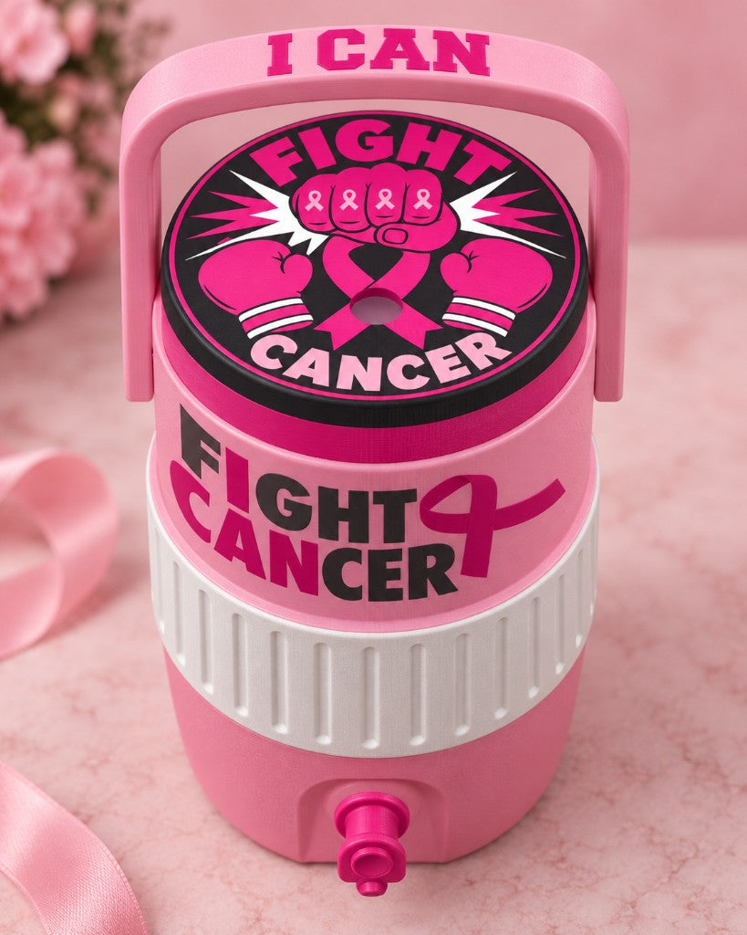 Pink Fight Cancer cooler with I Can handle, lid topper, and matching tap