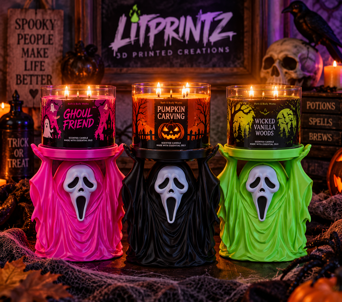 Pink, black, and green 3D-printed Ghostface candle holders with 3-wick candles