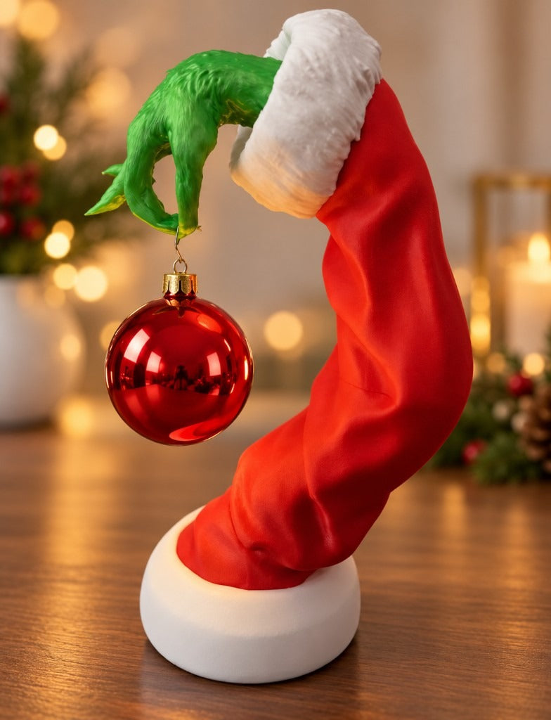 Green Grinch hand with white fur cuff and red sleeve on a white base, holding an ornament