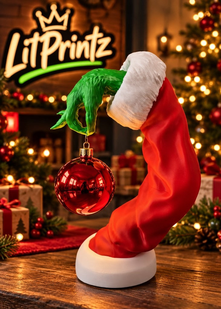 3D-printed Grinch arm ornament holder dangling a red ornament beside a Christmas tree