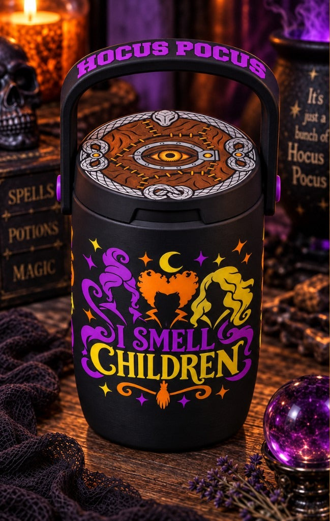 Black Hocus Pocus can cooler with I Smell Children wrap and Sanderson sisters