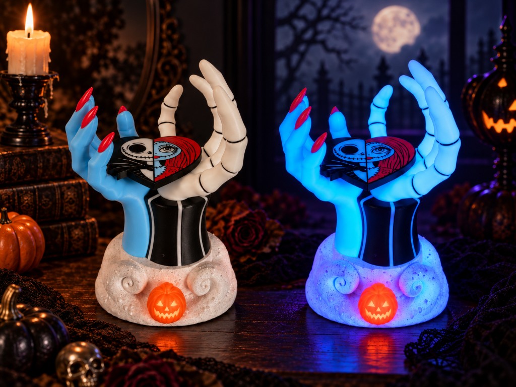 Regular and glow-in-the-dark Jack and Sally candle holders with split heart