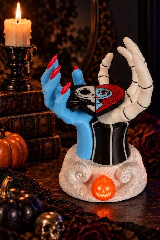 Regular Jack and Sally candle holder with Sally’s blue hand and Jack’s skeletal hand