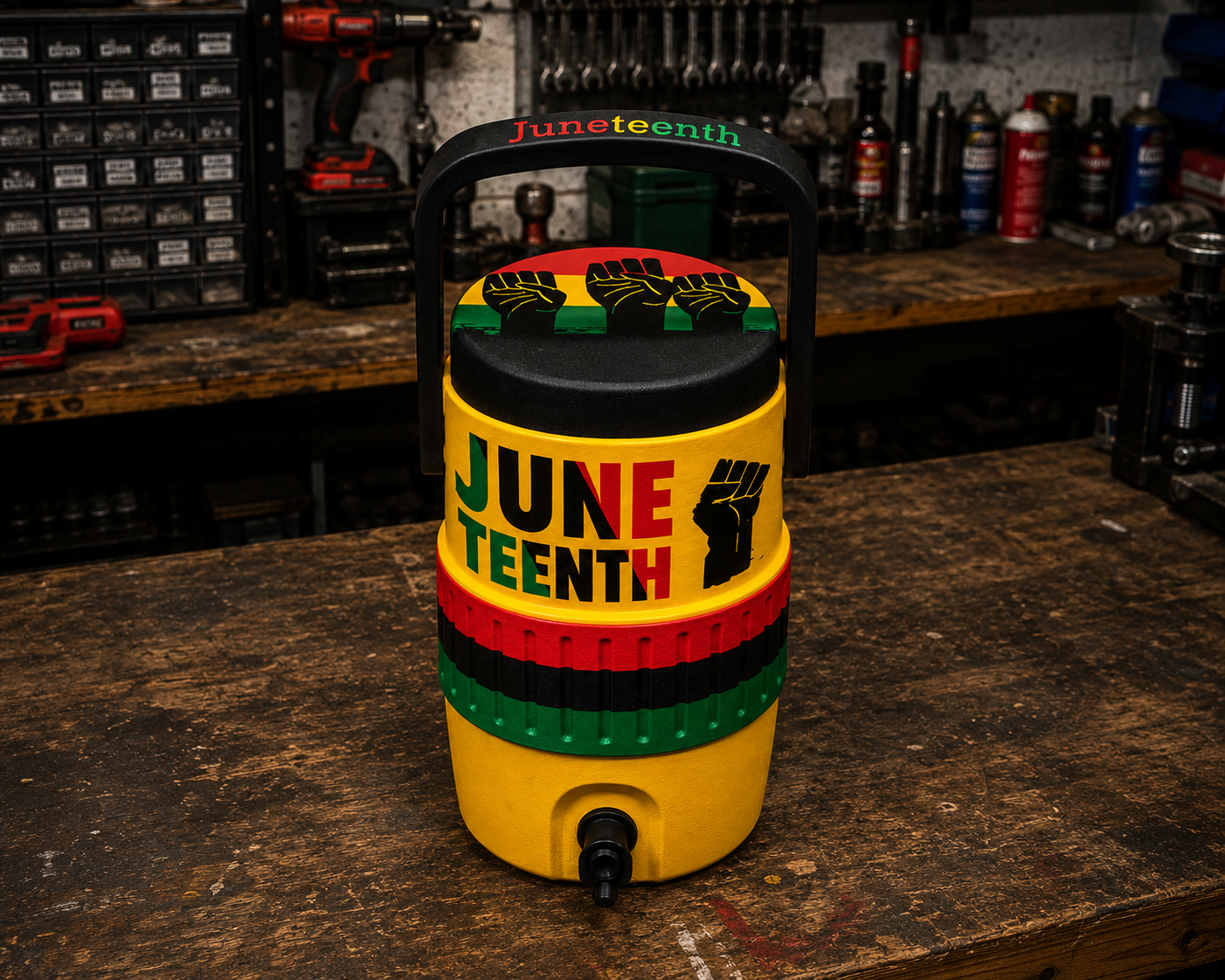 Juneteenth 3D printed coozie on a workshop bench