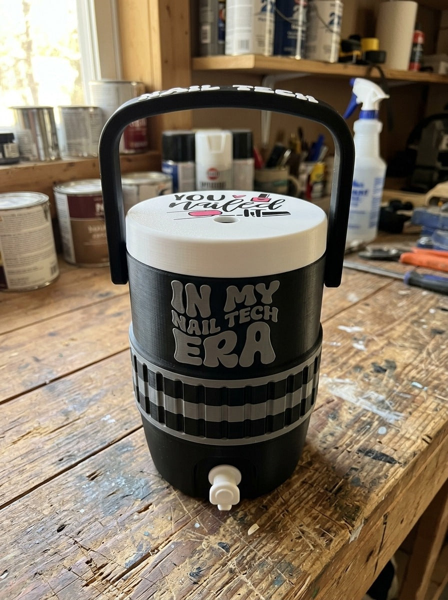 Nail Tech Coozie, black 3D printed cooler with In My Nail Tech Era lettering and You Nailed It lid