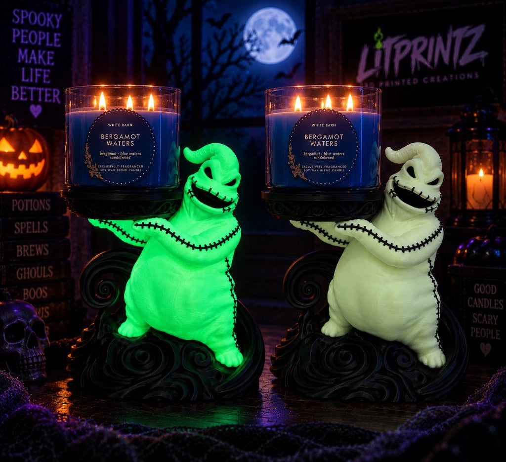 Standard green and glow-in-the-dark 3D-printed Oogie candle holders with 3-wick candles