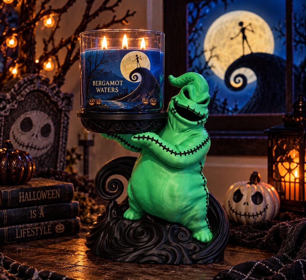 Lime green 3D-printed Oogie candle holder holding a 3-wick jar