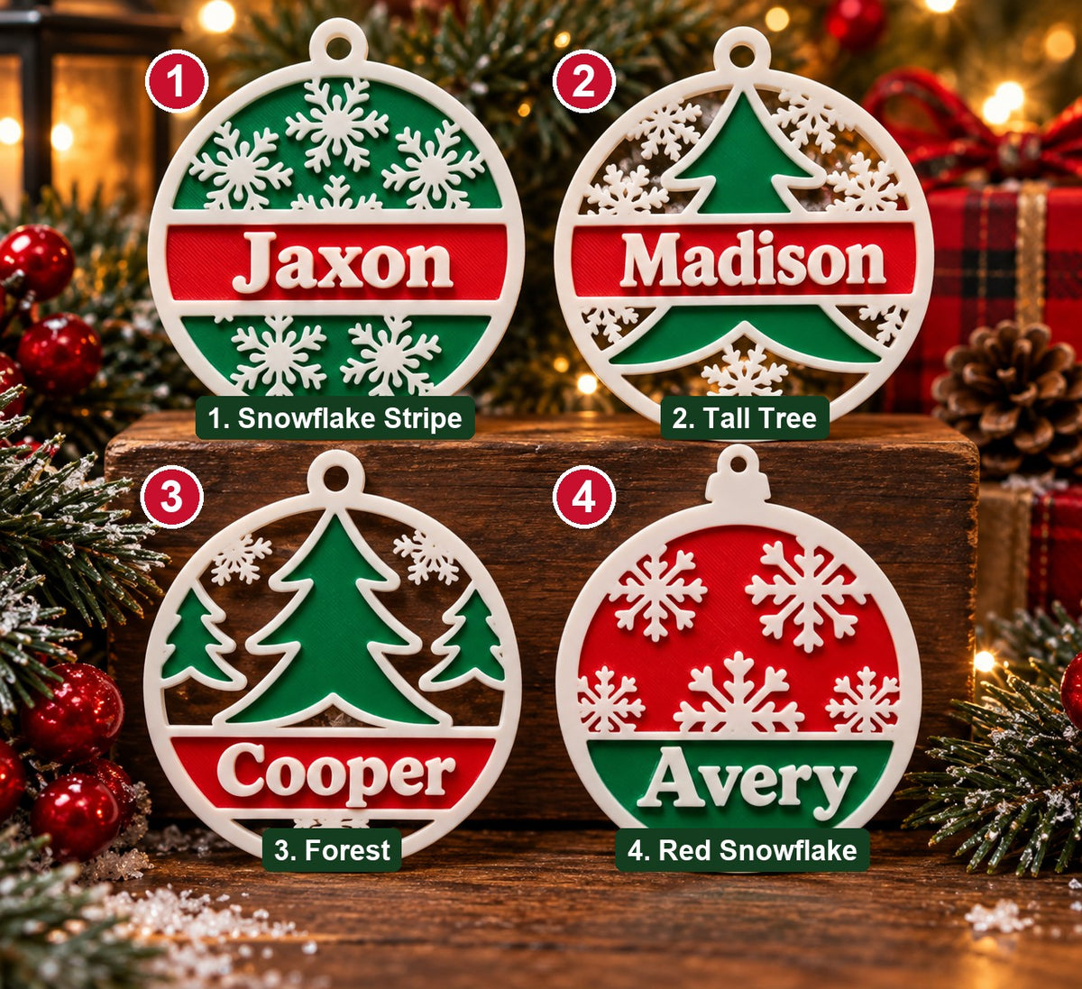 Numbered design guide: 1 Snowflake Stripe, 2 Tall Tree, 3 Forest, 4 Red Snowflake