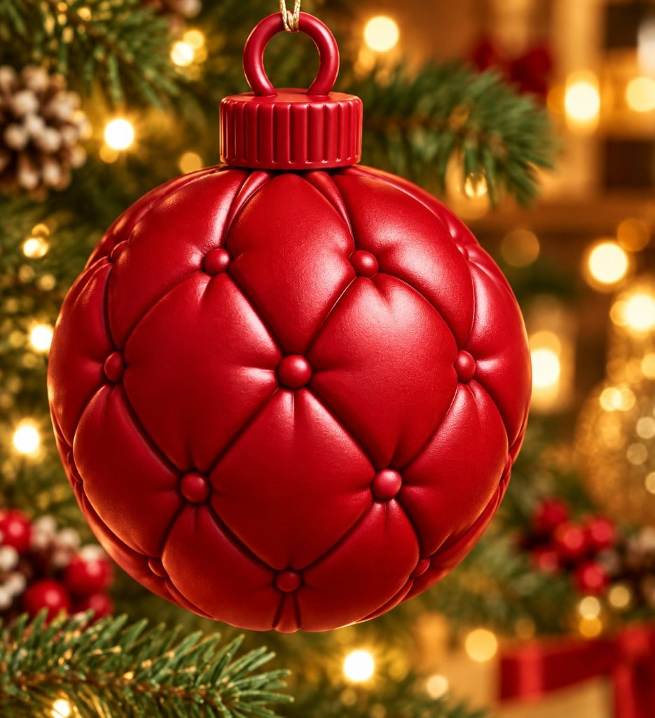 Ruby red 3D-printed tufted ball ornament hanging on a lit Christmas tree