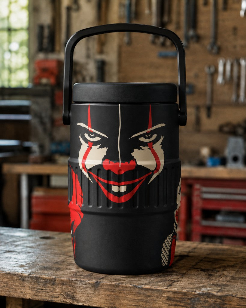 Tim Curry coozie on a workbench showing Pennywise, no dispenser spout