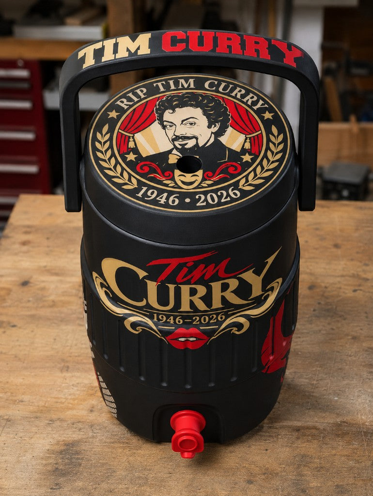 Black 3D-printed Tim Curry tribute coozie with RIP Tim Curry lid emblem, gold lettering, and Rocky Horror details