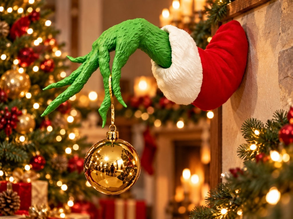 Green Grinch hand with white fur cuff and red sleeve reaching out from a wall, dangling a gold ornament