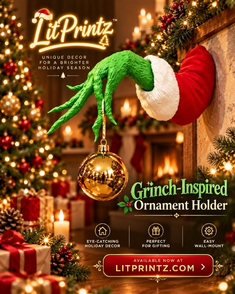 Wall-mounted Grinch-inspired arm holding a gold ornament beside a Christmas tree and fireplace