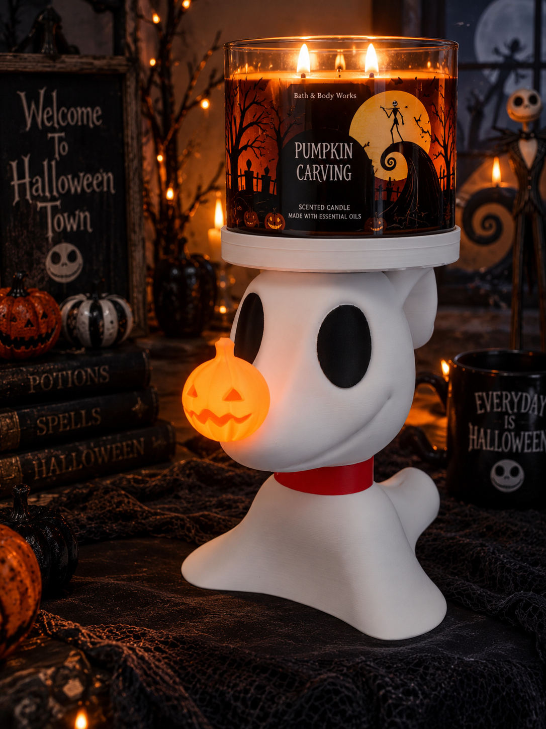 White 3D-printed Zero ghost-dog candle holder with glowing pumpkin nose, holding a 3-wick jar