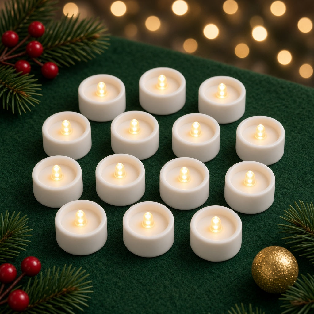 White flameless LED tealights with warm glowing bulbs on green felt with pine and berries