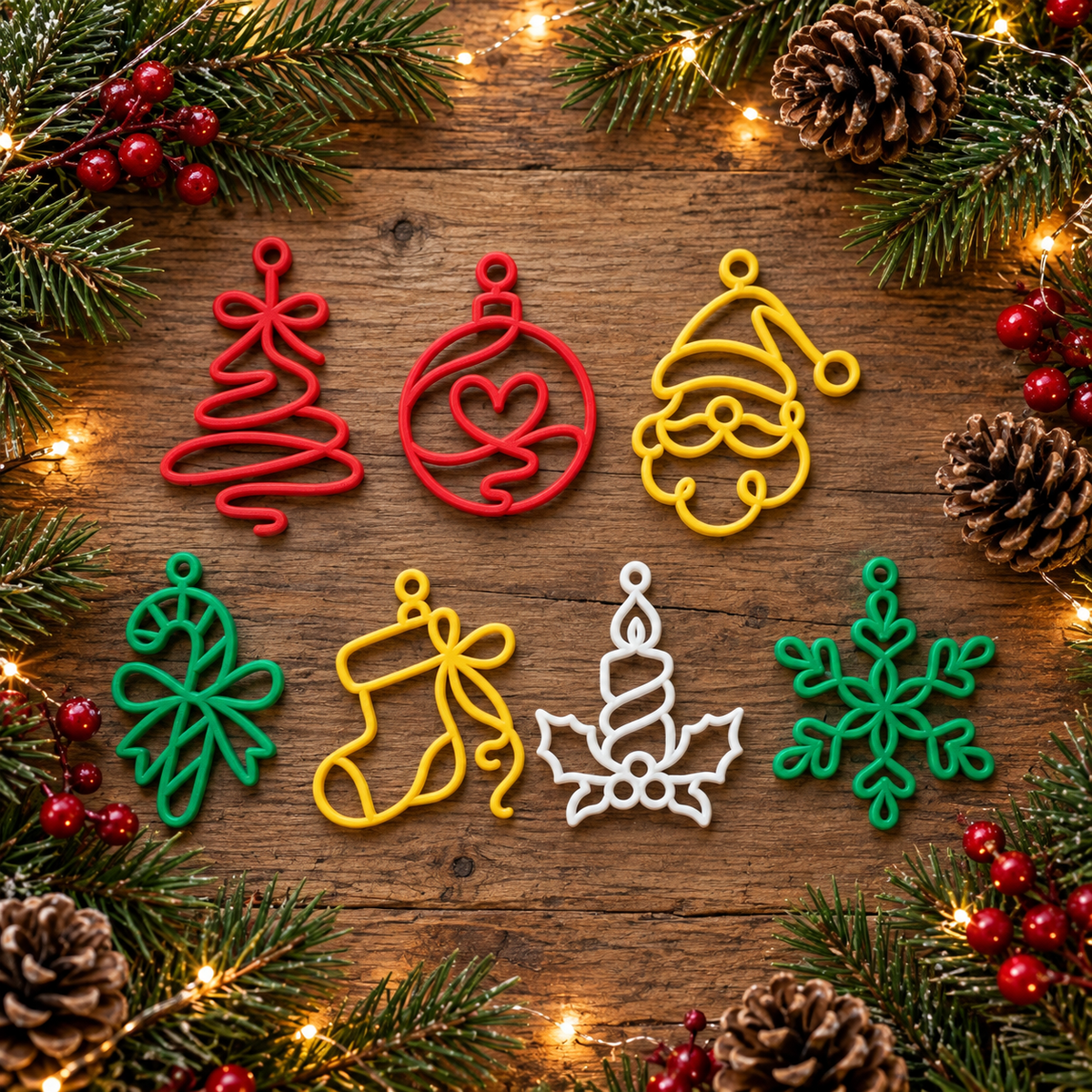 Line Art Christmas Ornament Set (Set of 7), 3D printed Christmas ornament