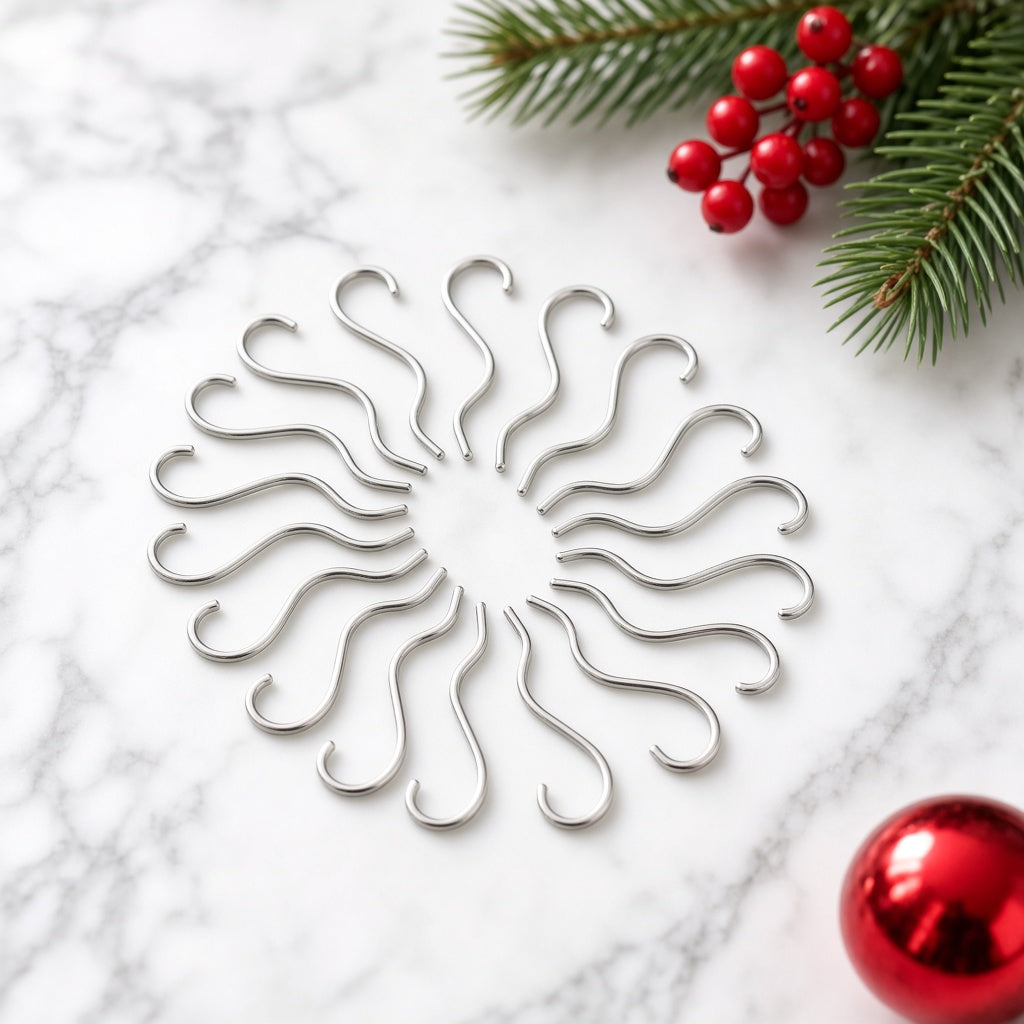 Twenty silver metal ornament hooks fanned out on white marble with pine and red berries