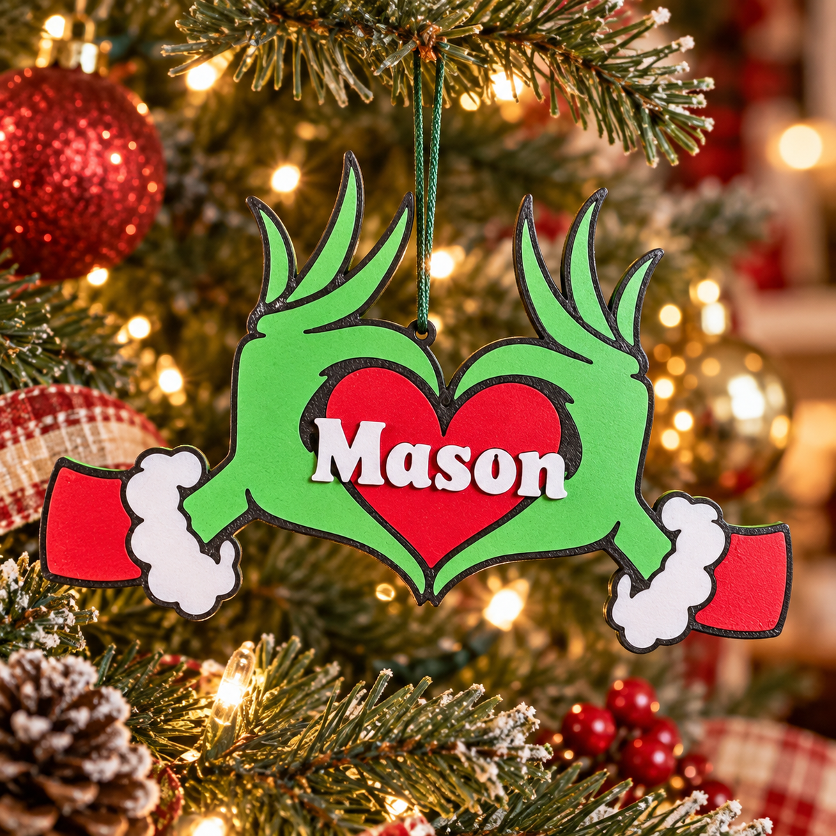 Personalized Grinch Heart Hands Ornaments (Pack of 3), 3D printed Christmas ornament