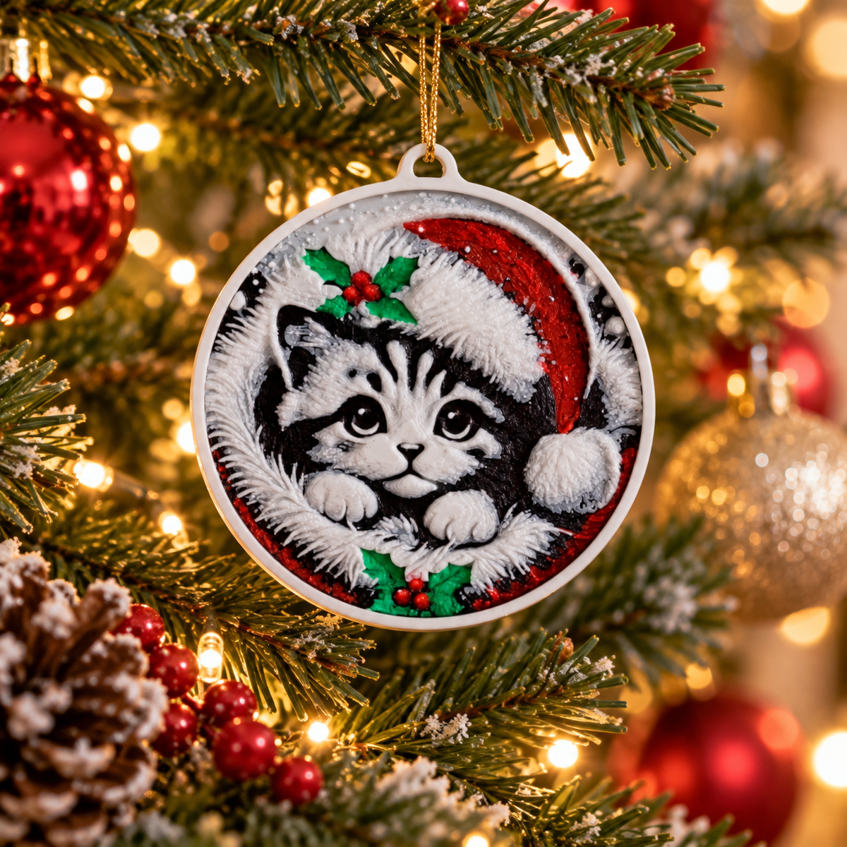 Christmas Kitten Ornament, 3D printed Christmas ornament